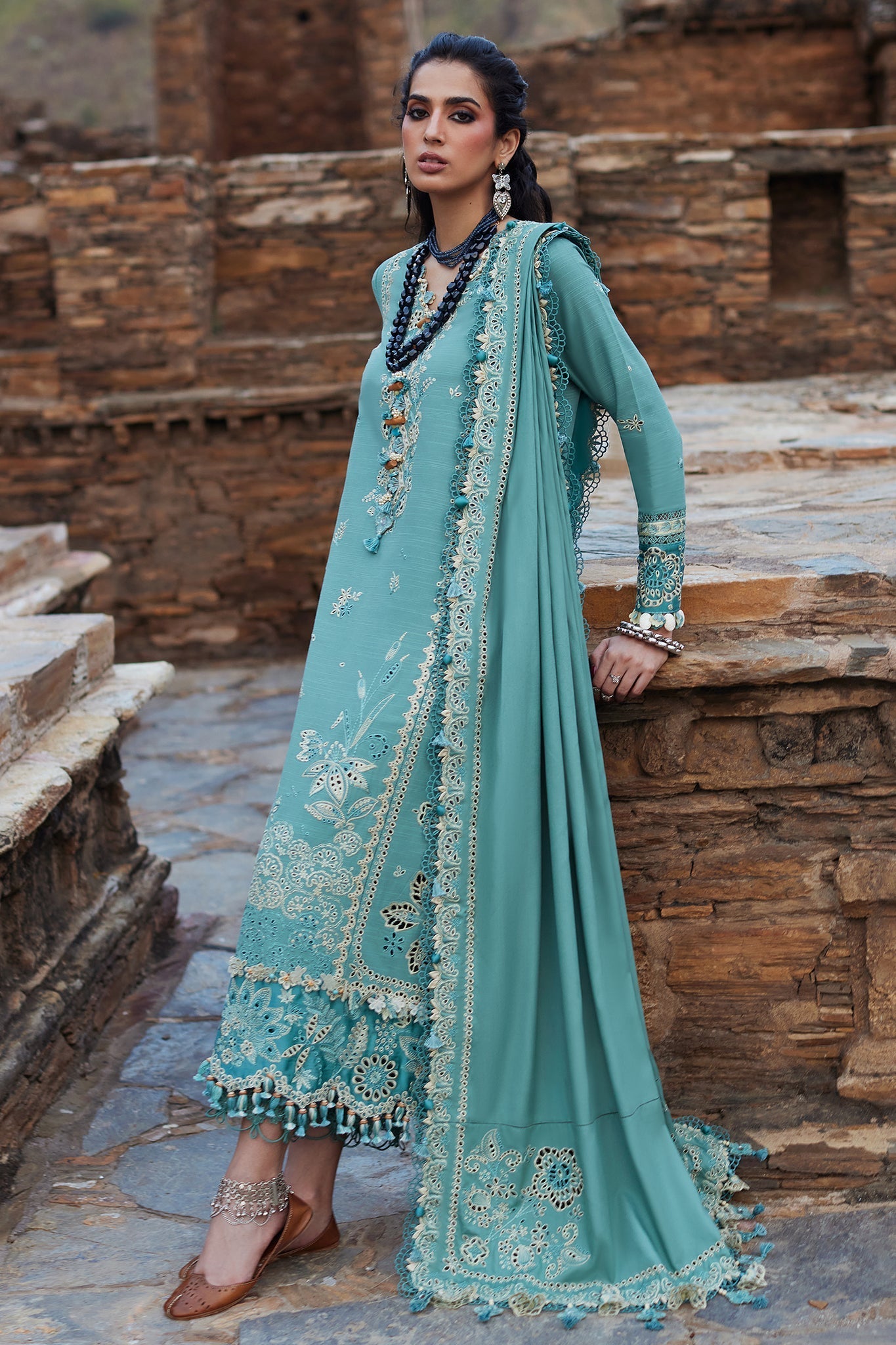 ELAN-3PC DHANAK CHIKAN EMBROIDERED SHIRT WITH DHANAK EMBROIDRED SHAWL & TROUSER -BIC-4239
