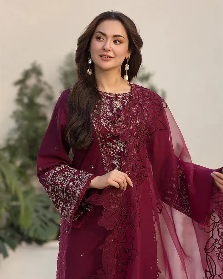 QALAMQAR-3PC LAWN EMBROIDERED SHIRT WITH ORGANZA EMBROIDERED DUPATTA AND EMB TROUSER-RP-4532