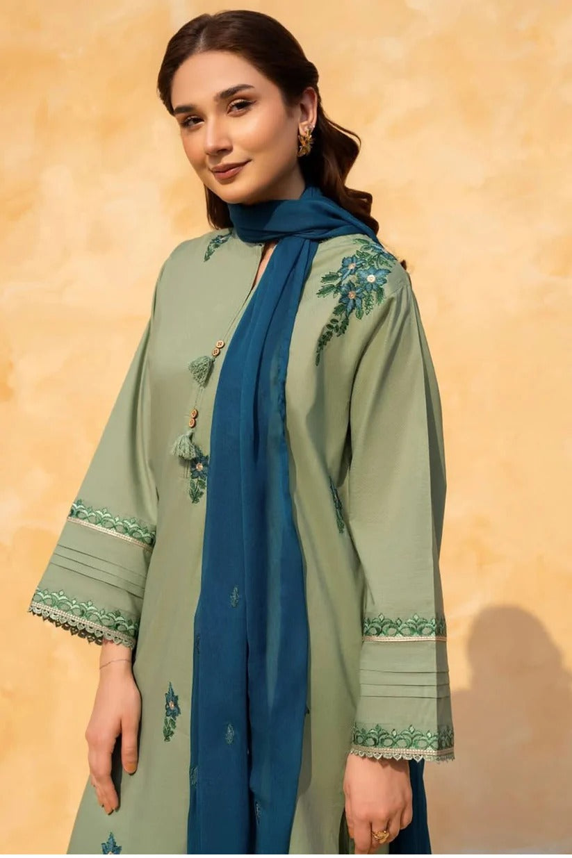 LAZULI LAWN 3PC - LAWN EMB PRINTED SHIRT WITH CHIFFON EMBROIDERED DUPATTA AND LAWN DYED TROUSER | RP