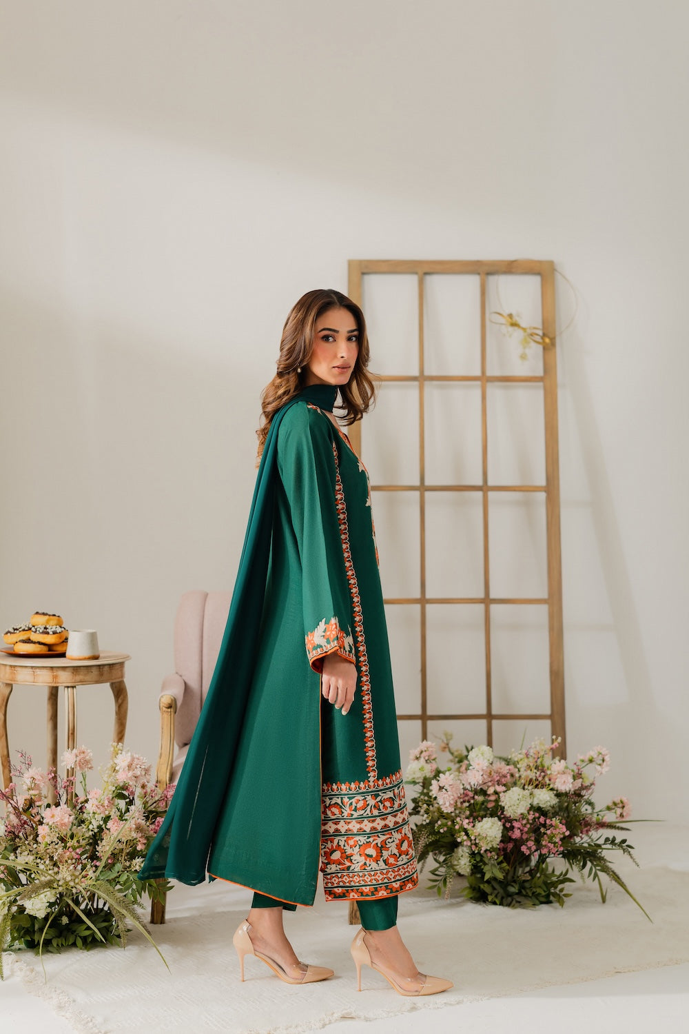 VINTAGE-3PC DHANAK EMBROIDERED SHIRT WITH BAMBER CHIFFON DUPATTA & TROUSER-BIC-4248