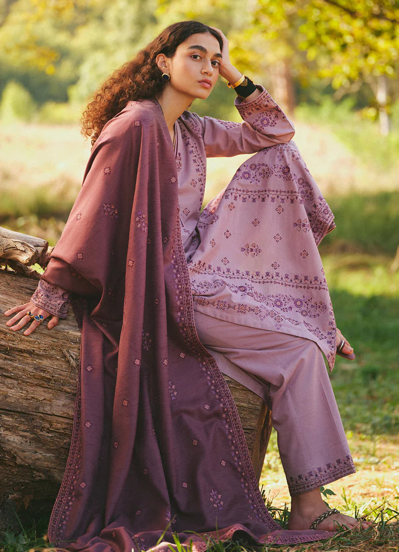 IMAGE-3PC DHANAK EMBROIDERED SHIRT WITH DHANAK EMBROIDERED SHAWL AND TROUSER-BIC-4038