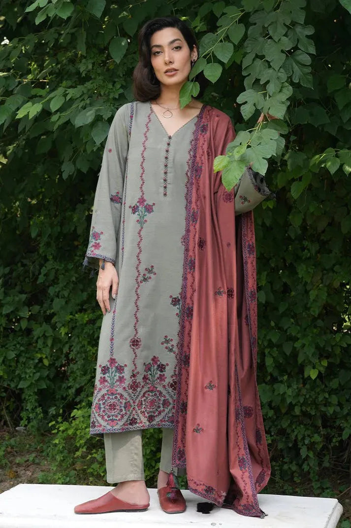 IMAGE - 3PC KHADDAR EMBROIDERED SHIRT WITH DHANAK EMBROIDERED SHAWL & TROUSER-RP-3367