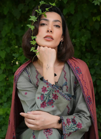 IMAGE - 3PC KHADDAR EMBROIDERED SHIRT WITH DHANAK EMBROIDERED SHAWL & TROUSER-RP-3367