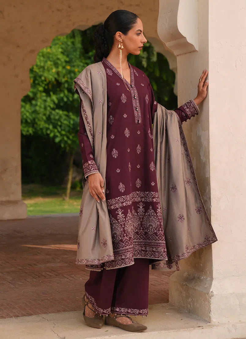 IMAGE-3PC DHANAK EMBROIDERED SHIRT DHANAK EMBROIDERED SHAWL AND TROUSER-RP135