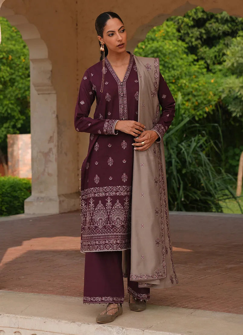 IMAGE-3PC DHANAK EMBROIDERED SHIRT DHANAK EMBROIDERED SHAWL AND TROUSER-RP135