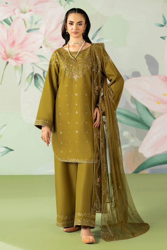 ETHNC-3PC DHANAK SEQUIN EMBROIDERED SHIRT WITH COTTON NET EMBROIDERED DUPATTA AND TROUSER-BIC-4194