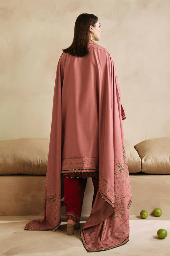 ZARA SHAH JAHAN-3PC DHANAK EMBROIDERED SHIRT WITH COURTRAI WOOL PRINTED SHAWL AND EMB TROUSER-BIC-4042