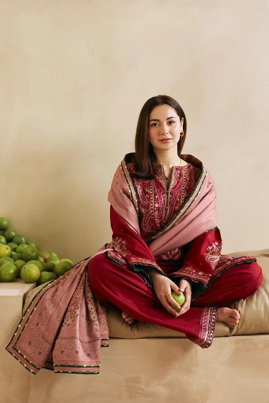 ZARA SHAH JAHAN-3PC DHANAK EMBROIDERED SHIRT WITH COURTRAI WOOL PRINTED SHAWL AND EMB TROUSER-BIC-4042