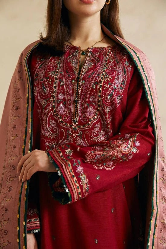 ZARA SHAH JAHAN-3PC DHANAK EMBROIDERED SHIRT WITH COURTRAI WOOL PRINTED SHAWL AND EMB TROUSER-BIC-4042