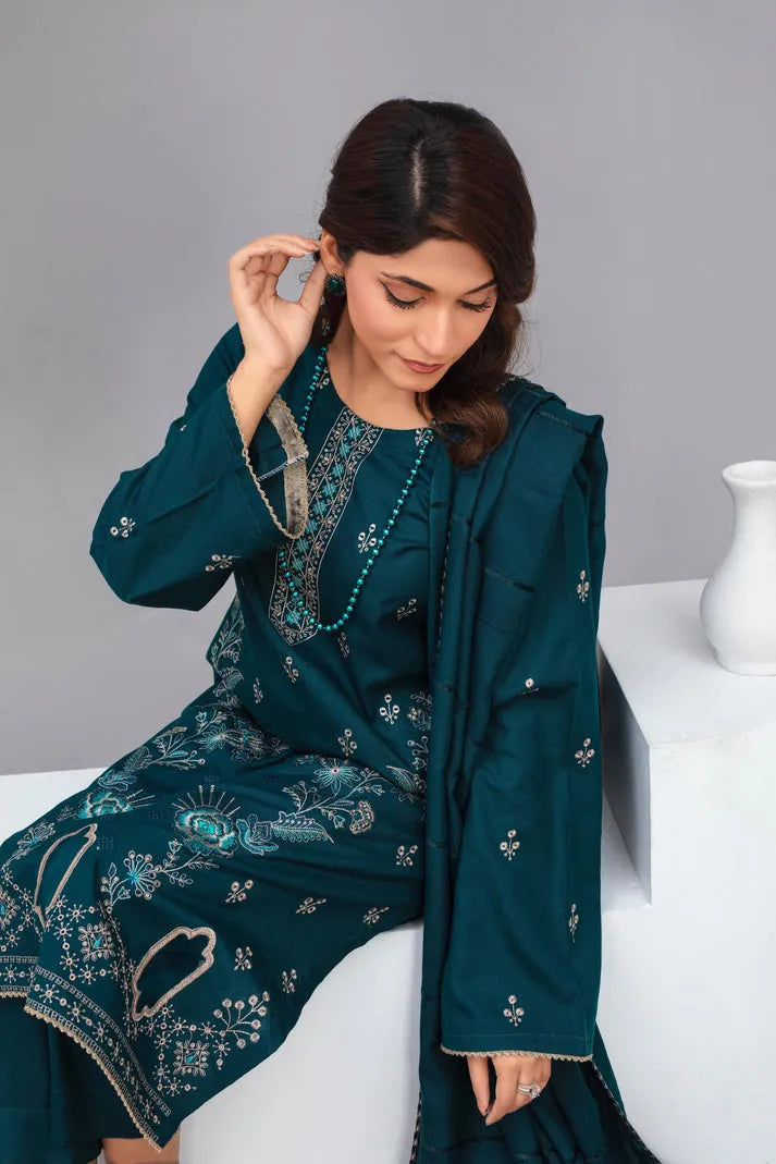 Rang Pasand-3PC Dhanak Embroidered Shirt with Velvet Dhanak Shawl and Trouser-Bic-Z