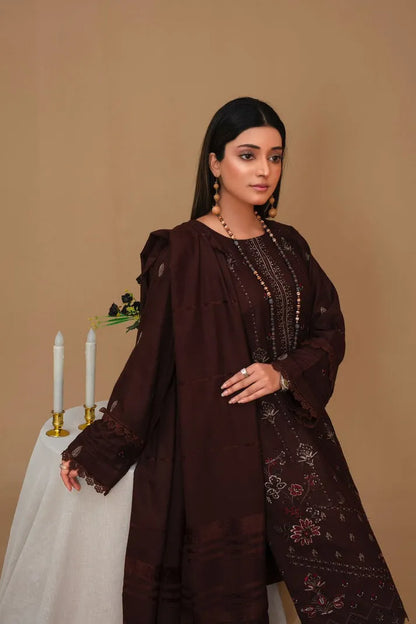 Rang Pasand-3PC Dhanak Embroidered Shirt with Velvet Dhanak Shawl and Trouser-RP-BROWN