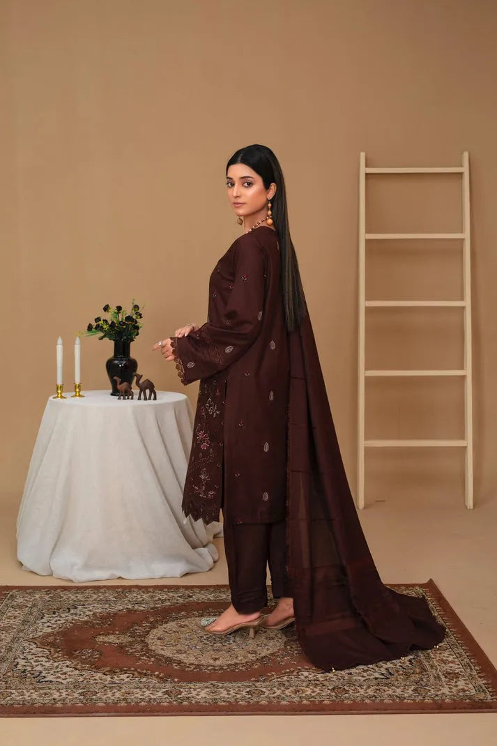 Rang Pasand-3PC Dhanak Embroidered Shirt with Velvet Dhanak Shawl and Trouser-RP-BROWN