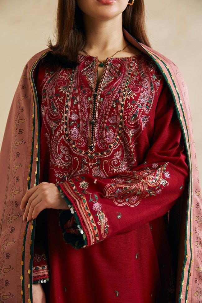 ZAHRA SHAHJAHAN- 3PC DHANAK EMBROIDERED SHIRT COUTURE WITH WOOL PRINT SHAWL AND TROUSER-RP-3106