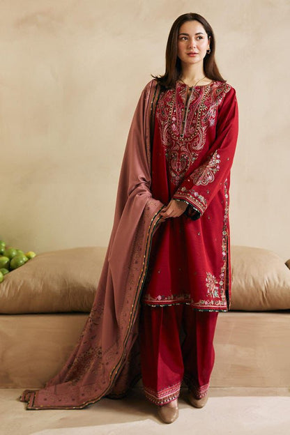 ZAHRA SHAHJAHAN- 3PC DHANAK EMBROIDERED SHIRT COUTURE WITH WOOL PRINT SHAWL AND TROUSER-RP-3106