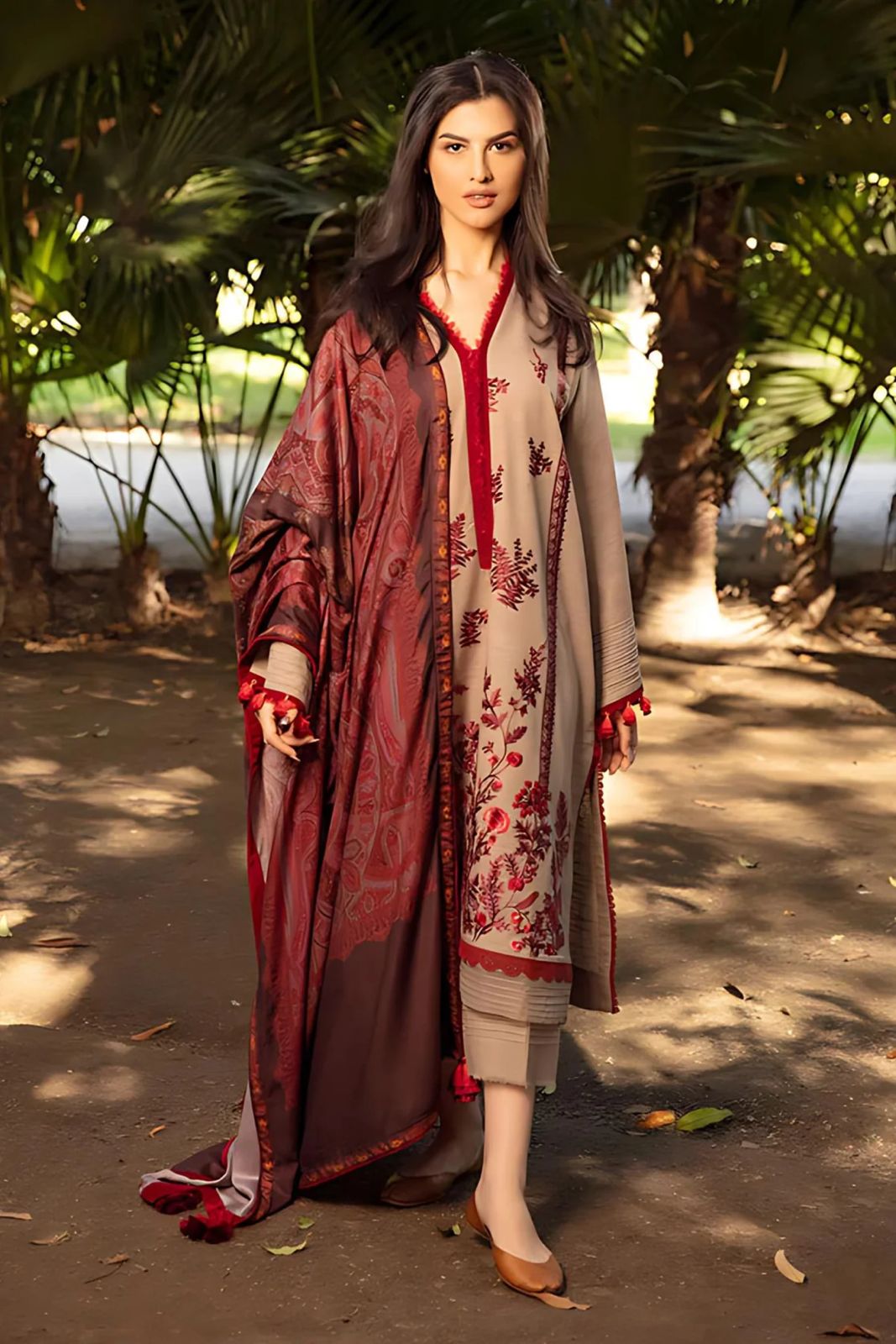 ZAINAB CHOTTANI - 3PC DHANAK EMBROIDERED SHIRT WITH COUTURE WOOL PRINT SHAWL AND TROUSER -RP-3104