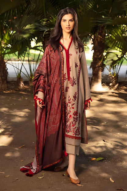 ZAINAB CHOTTANI - 3PC DHANAK EMBROIDERED SHIRT WITH COUTURE WOOL PRINT SHAWL AND TROUSER -RP-3104