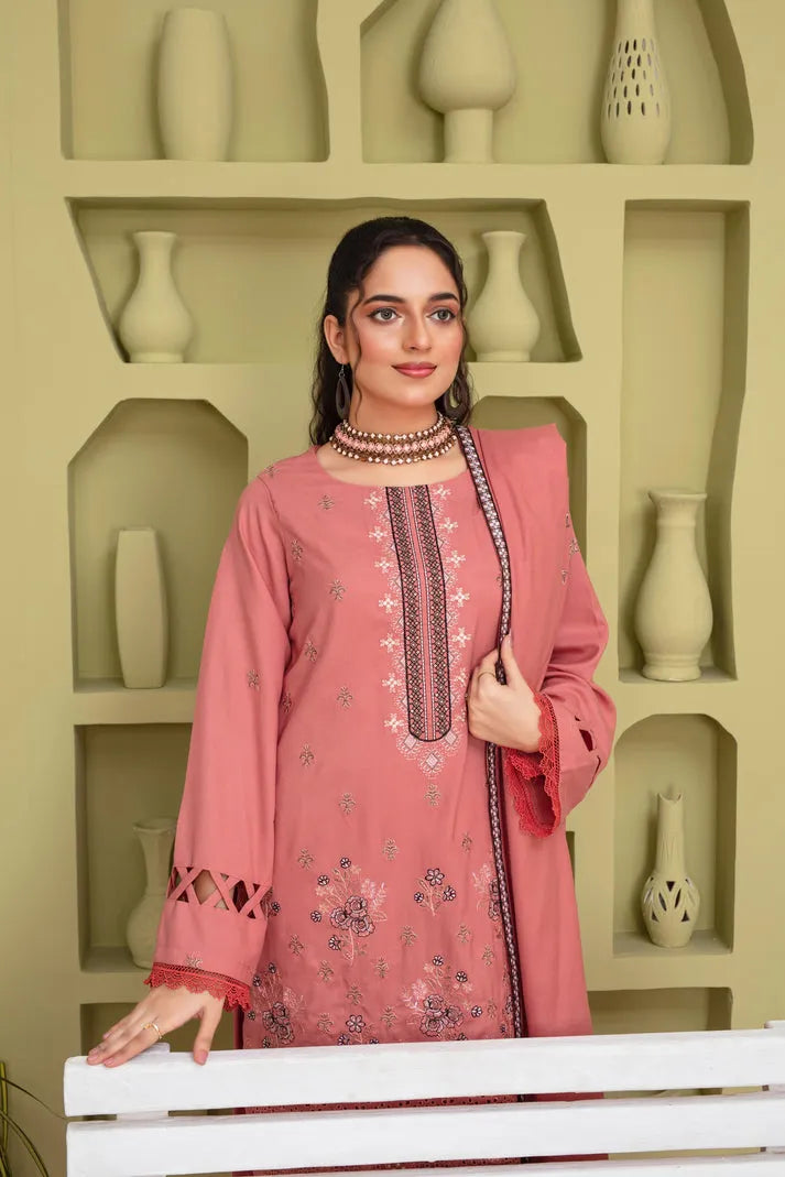 RANG PASAND-3PC DHANAK EMBROIDERED SHIRT WITH HEAVY CUTWORK EMBROIDERED DHANAK SHAWL AND TROUSER-rp-1507