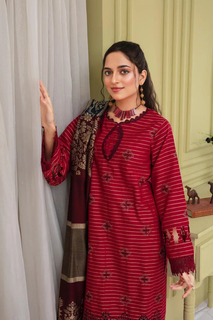 Rang Pasand-3PC KHADAR CUTWORK EMBROIDERED SHIRT WITH KASHMIRI JACQUARD WOOL SHAWL-RP-1503