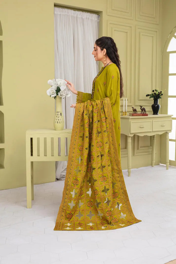 RANG PASAND-3PC DHANAK EMBROIDERED SHIRT WITH HEAVY CUTWORK EMBROIDERED DHANAK SHAWL AND TROUSER -RP-1505