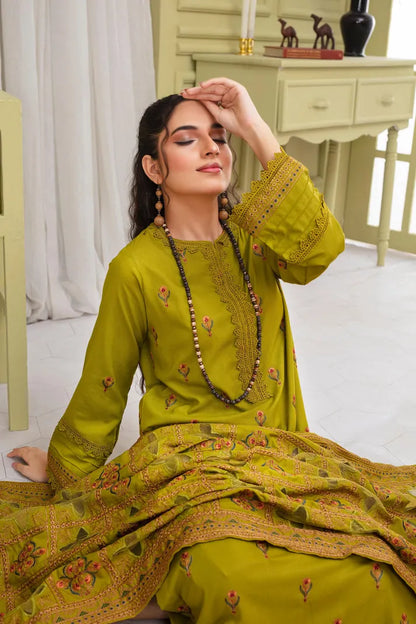 RANG PASAND-3PC DHANAK EMBROIDERED SHIRT WITH HEAVY CUTWORK EMBROIDERED DHANAK SHAWL AND TROUSER -RP-1505