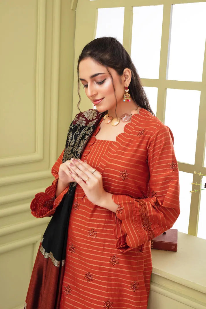 RANG PASAND-3PC KHADAR CUTWORK EMBROIDERED SHIRT WITH KASHMIRI JACQUARD WOOL SHAWL-RP-1504