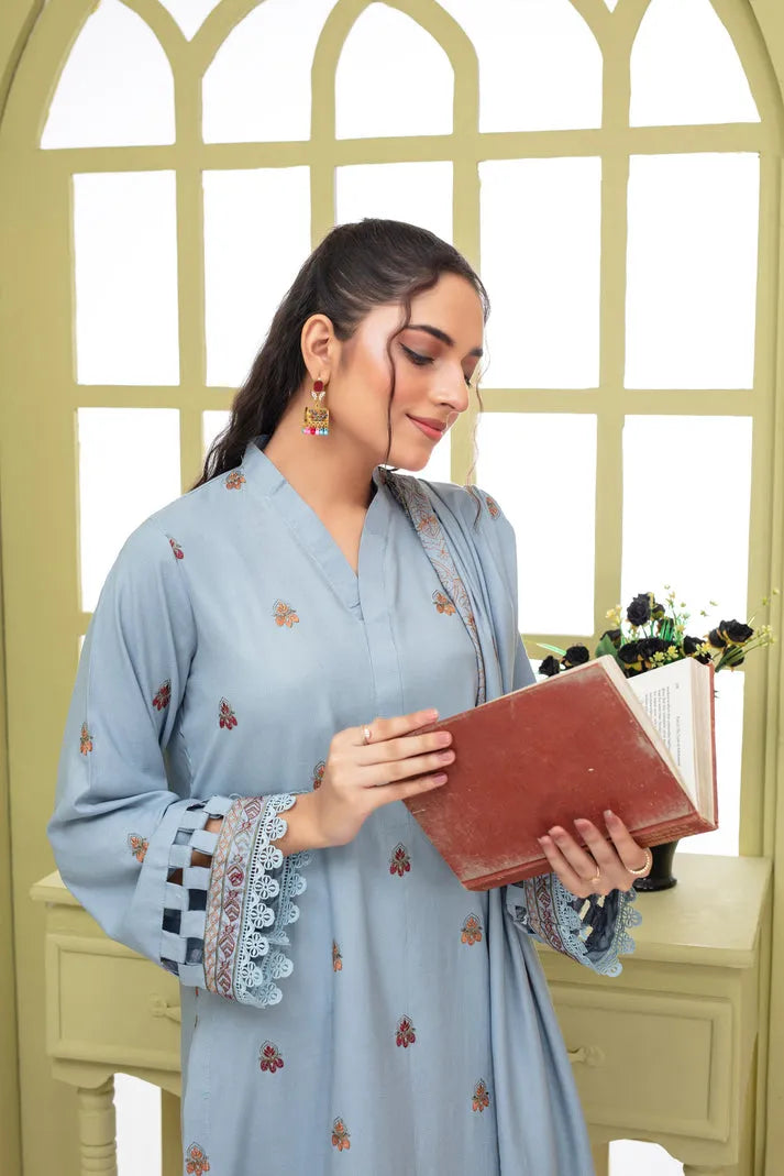 RANG PASAND-3PC DHANAK EMBROIDERED SHIRT WITH HEAVY CUTWORK EMBROIDERED DHANAK SHAWL AND TROUSER-RP-1506