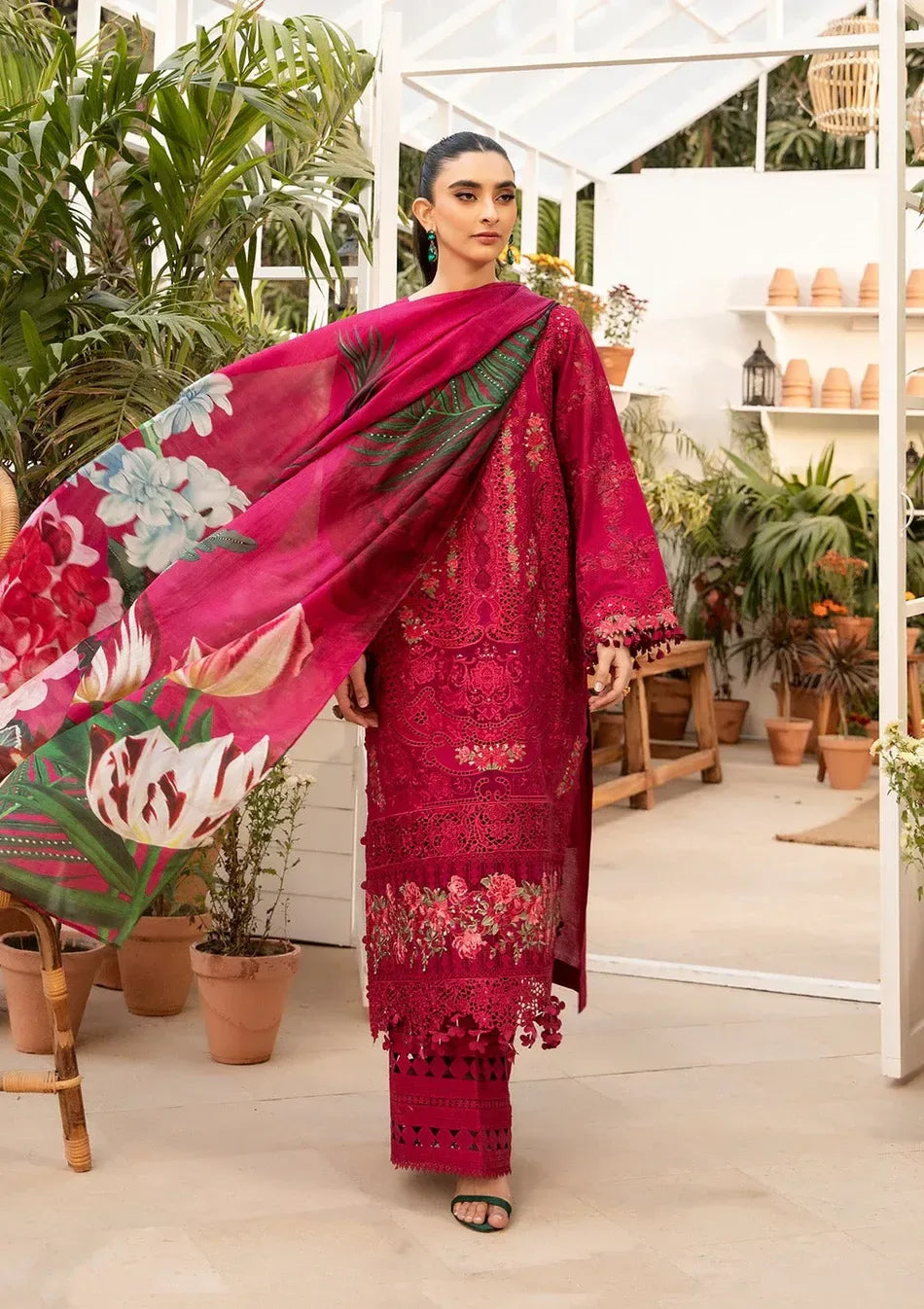 BAROUQE-3PC LAWN CHIKENKARI EMBROIDERED SHIRT WITH CHIFFOON PRINT DUPATTA AND EMB TROUSER-RP-4736 - Rang Pasand