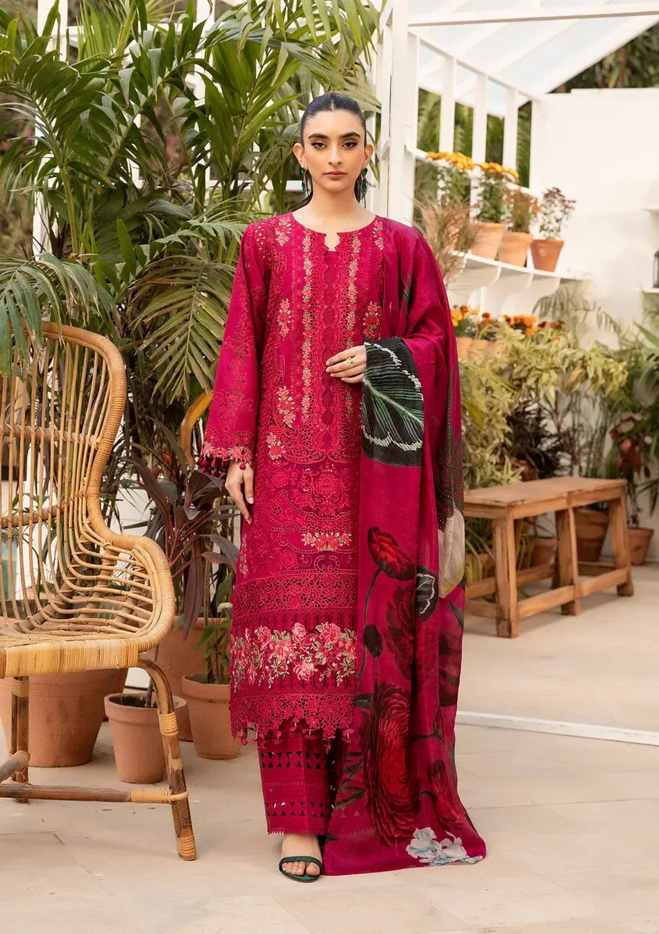 BAROUQE-3PC LAWN CHIKENKARI EMBROIDERED SHIRT WITH CHIFFOON PRINT DUPATTA AND EMB TROUSER-RP-4736 - Rang Pasand