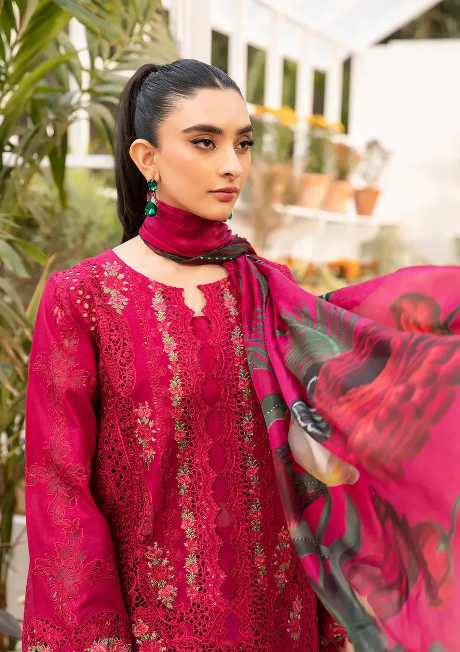 BAROUQE-3PC LAWN CHIKENKARI EMBROIDERED SHIRT WITH CHIFFOON PRINT DUPATTA AND EMB TROUSER-RP-4736 - Rang Pasand