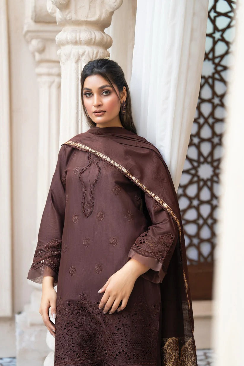 MIRAKHI LAWN 3PC - LAWN CHIKANKARI EMB SHIRT WITH LAWN JACQUARD PINTED DUPATTA AND LAWN DYED TROUSER | RP-5500