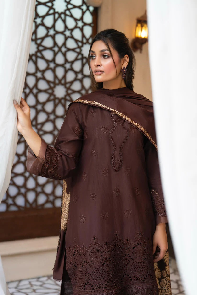 MIRAKHI LAWN 3PC - LAWN CHIKANKARI EMB SHIRT WITH LAWN JACQUARD PINTED DUPATTA AND LAWN DYED TROUSER | RP-5500