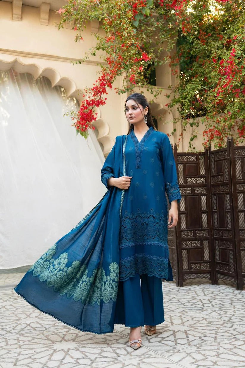 MIRAKHI LAWN 3PC - LAWN CHIKANKARI EMB SHIRT WITH LAWN JACQUARD PRINTED DUPATTA AND LAWN DYED TROUSER | RP-5600