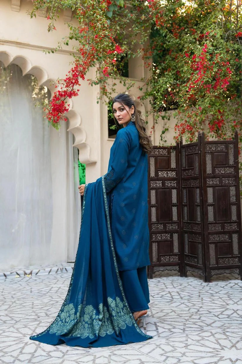 MIRAKHI LAWN 3PC - LAWN CHIKANKARI EMB SHIRT WITH LAWN JACQUARD PRINTED DUPATTA AND LAWN DYED TROUSER | RP-5600