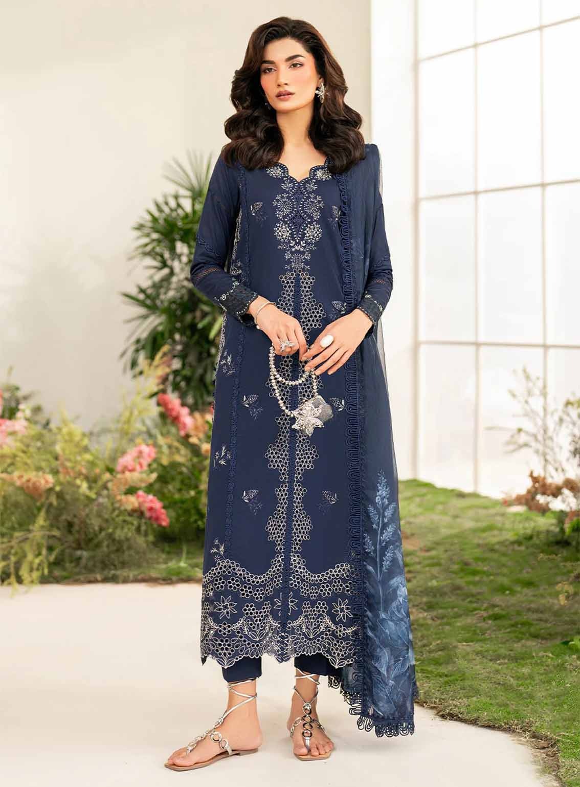 IZNIK-3PC DHANAK CHIKAN EMBROIDERED SHIRT WITH COURTRAI PRINTED SHAWL AND EMB TROUSER-BIC-4132