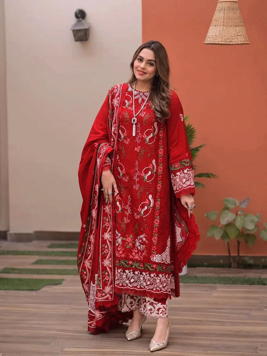 ANEELAS-3PC LAWN CHIKAN EMBROIDERED SHIRT WITH LAWN EMB DUPATTA AND TROUSER-RP-4813