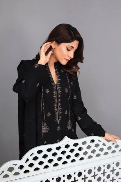 RANG PASAND-3PC Dhanak Embroidered Shirt with Velvet Dhanak Shawl and Trouser-RP-2678- BLACK