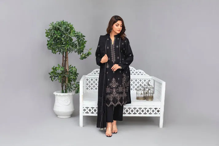 RANG PASAND-3PC Dhanak Embroidered Shirt with Velvet Dhanak Shawl and Trouser-RP-2678- BLACK