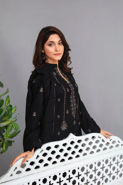 RANG PASAND-3PC Dhanak Embroidered Shirt with Velvet Dhanak Shawl and Trouser-RP-2678- BLACK