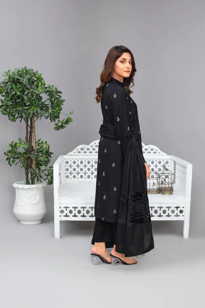 RANG PASAND-3PC Dhanak Embroidered Shirt with Velvet Dhanak Shawl and Trouser-RP-2678- BLACK