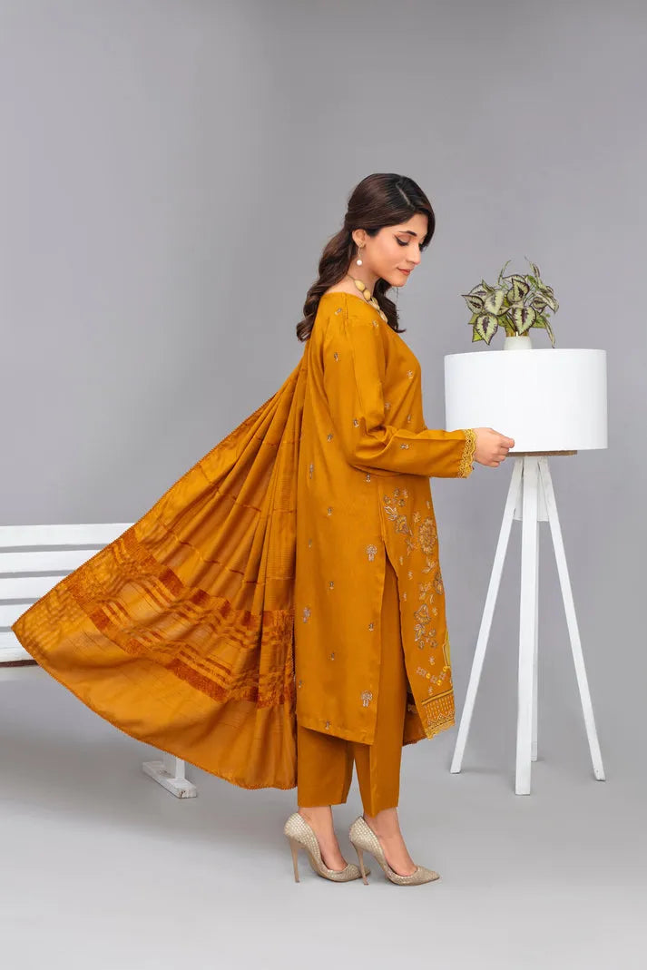 Rang Pasand-3PC Dhanak Embroidered Shirt with Velvet Dhanak Shawl and Trouser-RP-2678- YELLOW