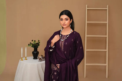 Rang Pasand-3PC Dhanak Embroidered Shirt with Velvet Dhanak Shawl and Trouser-BIC