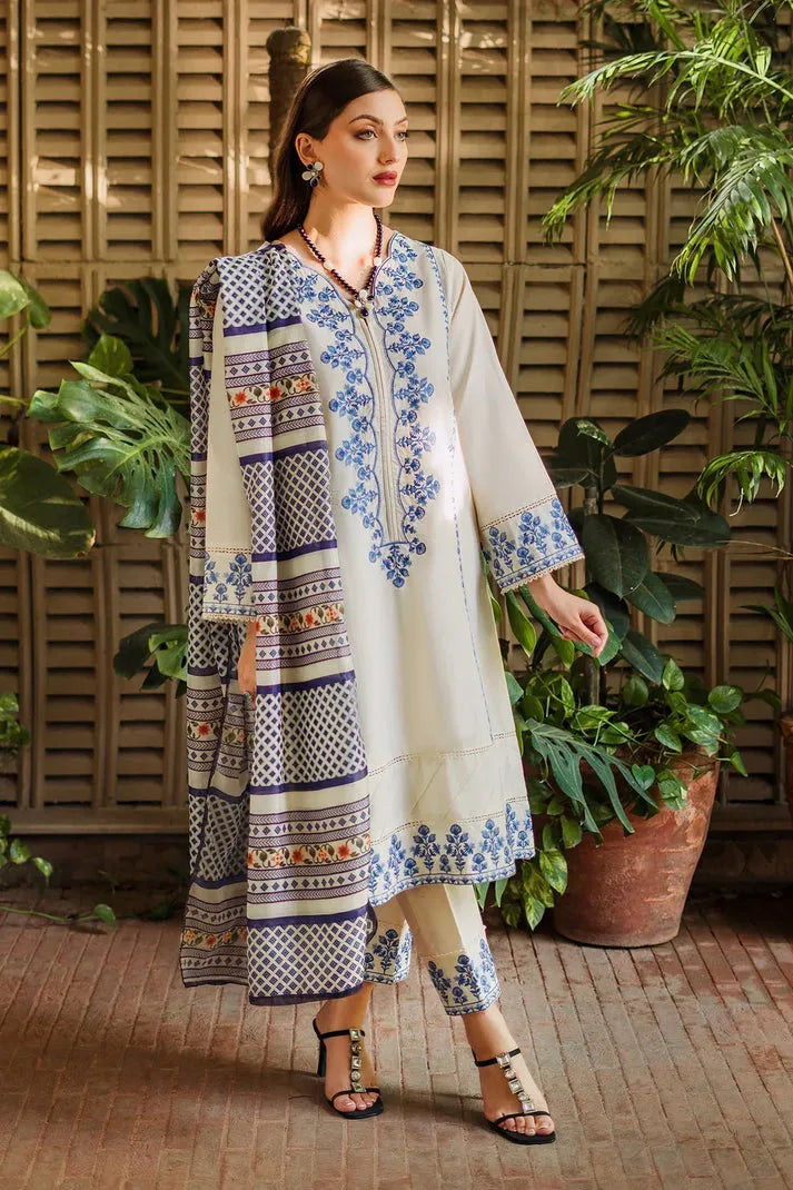 ZIVA - 3PC DHANAK EMBROIDERED SHIRT WITH WOOL PRINTED SHAWL & EMB TROUSER-RP-3400