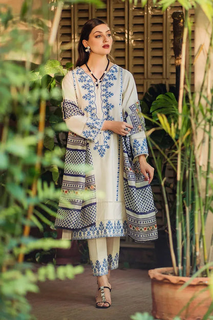 ZIVA - 3PC DHANAK EMBROIDERED SHIRT WITH WOOL PRINTED SHAWL & EMB TROUSER-RP-3400