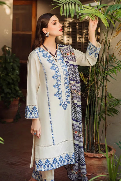 ZIVA - 3PC DHANAK EMBROIDERED SHIRT WITH WOOL PRINTED SHAWL & EMB TROUSER-RP-3400