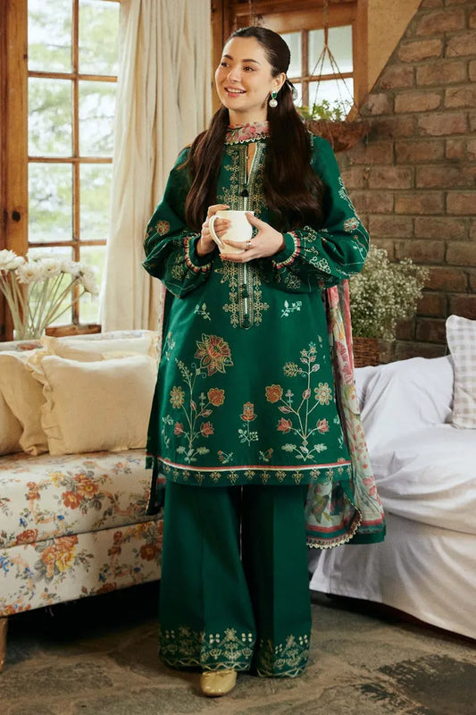 ZAHRA SHAHJAHAN- 3PC DHANAK EMBROIDERED SHIRT WITH COUTURE PRINT SHAWL-RP-3212