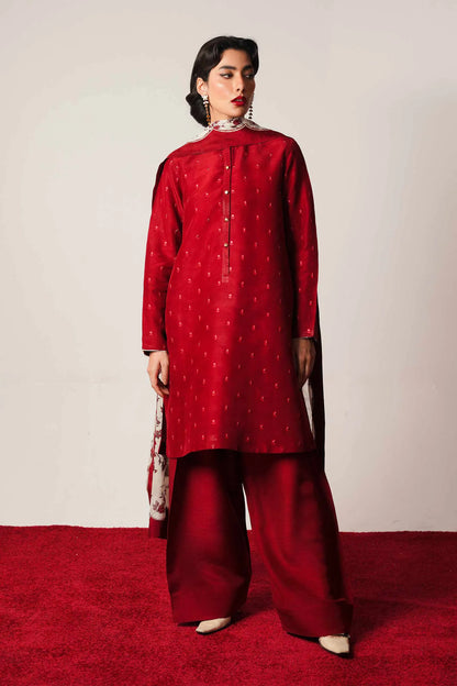 ZARA SHAHJAHAN - 3PC DHANAK EMBROIDERED SHIRT WITH COUTURE WOOL PRINTED SHAWL AND DHANAK TROUSER-RP-1249