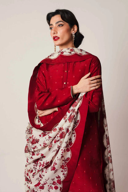 ZARA SHAHJAHAN - 3PC DHANAK EMBROIDERED SHIRT WITH COUTURE WOOL PRINTED SHAWL AND DHANAK TROUSER-RP-1249