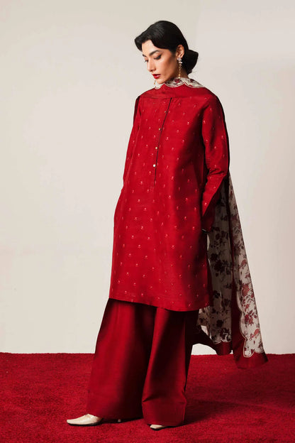 ZARA SHAHJAHAN - 3PC DHANAK EMBROIDERED SHIRT WITH COUTURE WOOL PRINTED SHAWL AND DHANAK TROUSER-RP-1249