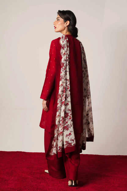 ZARA SHAHJAHAN - 3PC DHANAK EMBROIDERED SHIRT WITH COUTURE WOOL PRINTED SHAWL AND DHANAK TROUSER-RP-1249