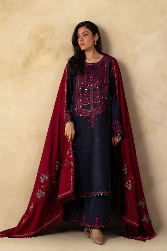 ZARA SHAH JAHAN - 3PC DHANAK EMBROIDERED SHIRT WITH DHANAK EMBROIDERED SHAWL& TROUSER-RP-3345 B